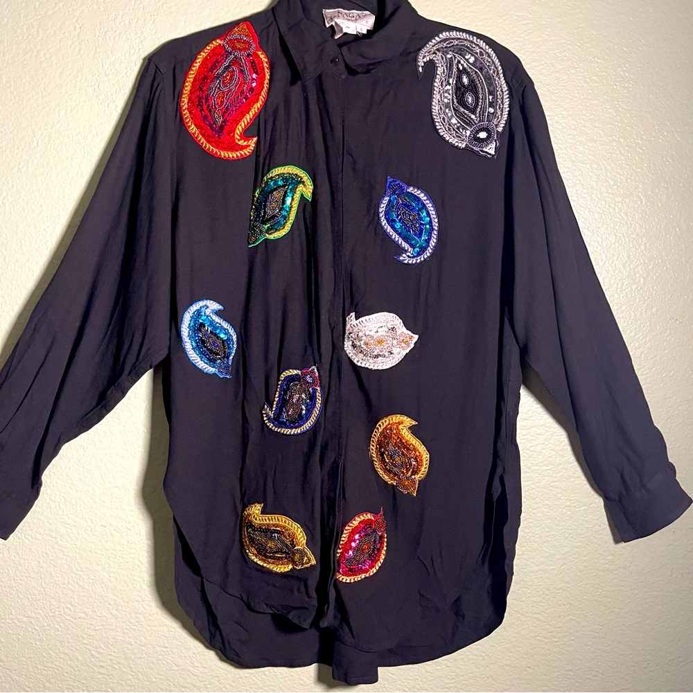 Naga Milo Black Beaded Long Sleeve Blouse S Small with Paisley Pattern Details.